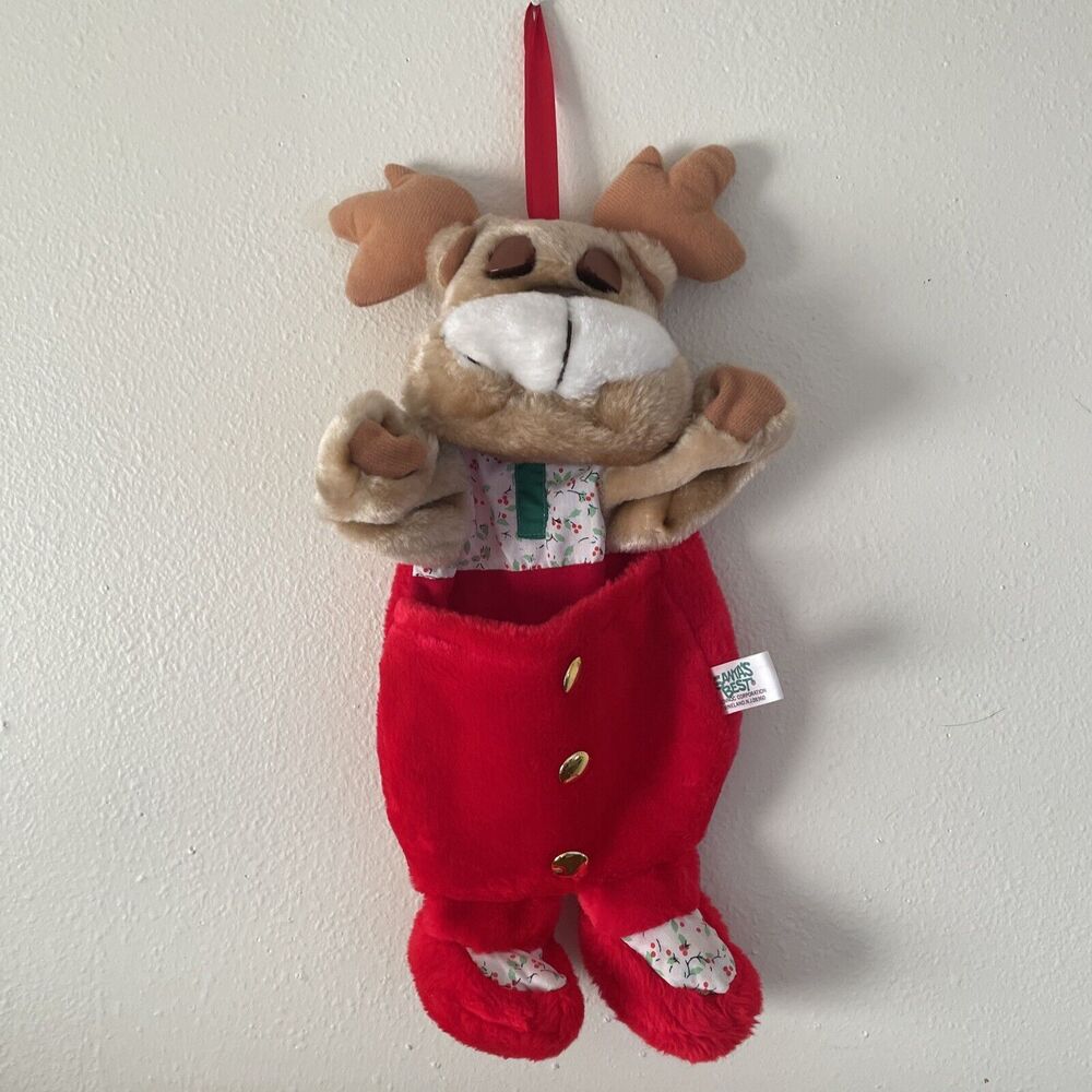 VINTAGE Santa's Best Plush Reindeer Christmas Stocking Moose Deer 18” Hang Stuff